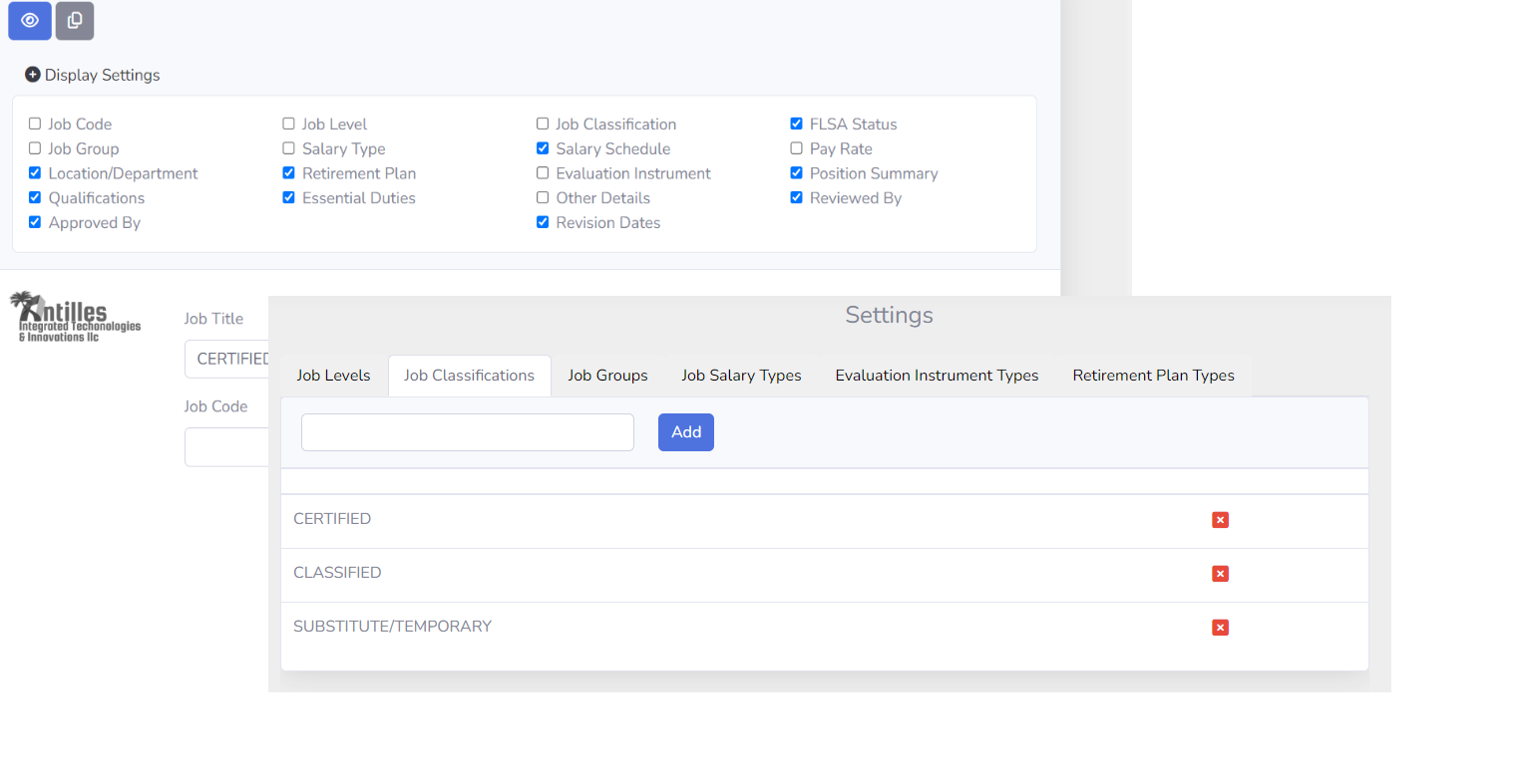 Job Description Express display settings